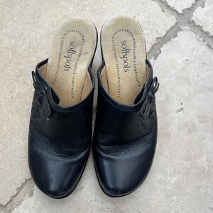 Softspots Womens Black Leather Embroidered Wedge Clog Mules Bow Accent Size 7